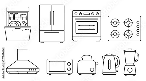 Lineart Illustration of Kitchen Appliances Set Main Subject.