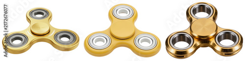 Cuadro en lienzo Three fidget spinners in different colors and materials, isolated on a white bac