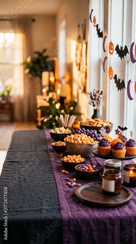 Halloween themed party table with cupcakes candies and decorations in cozy home
