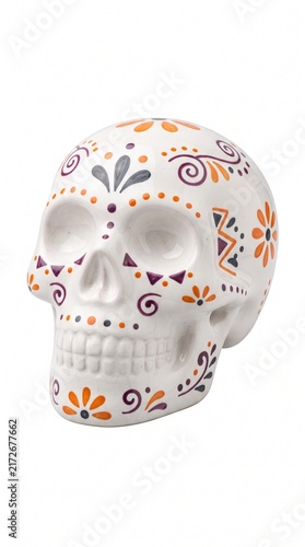 Decorative ceramic skull with colorful floral and geometric patterns for celebrations