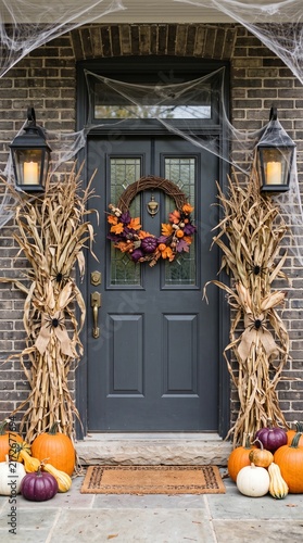 Decorative autumn themed front door with pumpkins corn stalks and spider webs