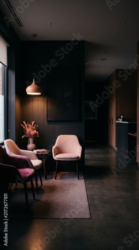 Modern cozy living room interior with soft pink armchairs and warm lighting