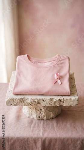 Pink sweatshirt with pink ribbon pin on a textured stone pedestal isolated on white background