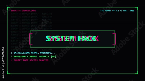Abstract Cyber Security Interface Displaying System Hack Message with Neon Terminal Text and Kernel Override Code for Technology and Cybercrime Concepts
