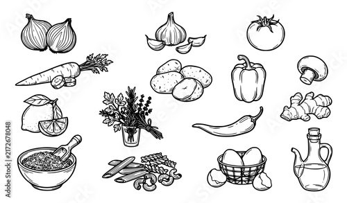 Black and White Cooking and Meal Prep Ingredients Hand Drawn Vector Set