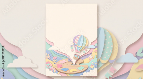 Whimsical paper cut art background featuring a pastel hot air balloon rising from an artist palette with soft clouds and floral elements for creative design projects and invitations