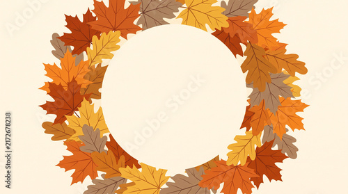 A beautiful circular wreath frame made of vibrant autumn maple and oak leaves in warm seasonal colors on a clean cream background for Thanksgiving invitations and fall marketing