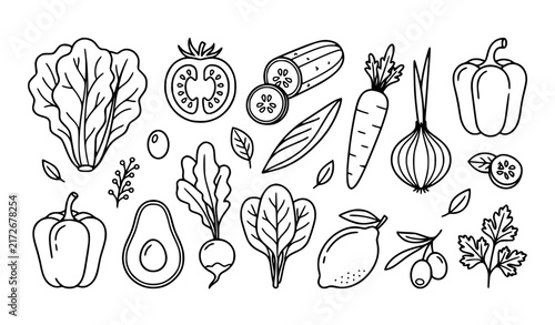 Fresh Salad Vegetables Ingredients Black White Line Art Vector Set