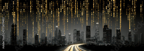 Night city skyline with glowing data streams representing fast internet and digital transformation.