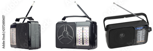 Foto Three views of a black portable radio with an antenna and handle, isolated on a