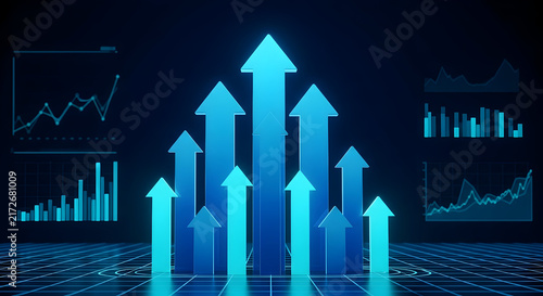 Digital Growth Visualization with Blue Arrows Representing Increased Financial Performance in Modern Business Analytics Environment