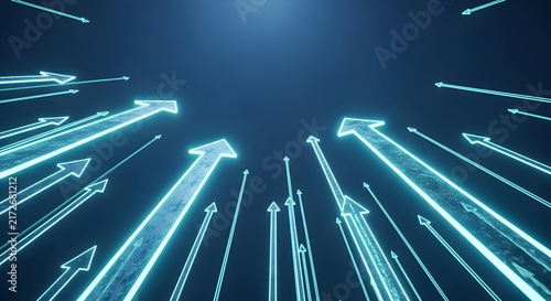 Futuristic Digital Arrows Reaching Upward in a Blue Neon Space Illustrating Growth and Innovation