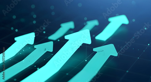 Stylized Arrows Indicating Growth and Success in a Digital Financial Market with Blue and Teal Background