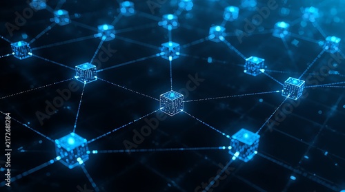 Glowing blue cubes connected by lines on a dark background representing network technology