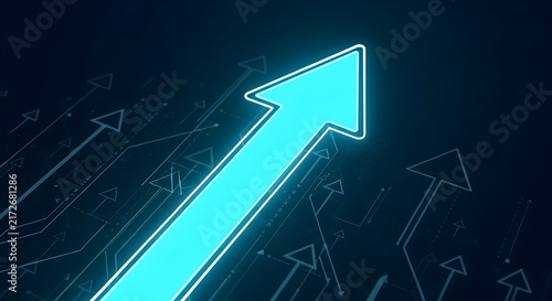 Dynamic Upward Arrow Symbolizing Growth and Innovation with a Blue Abstract Background and Digital Elements Representing Future Trends in Technology