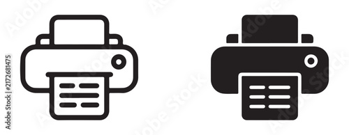 Simple outline and solid black printer icons for printing documents and scanning pages, perfect for digital interfaces and print materials.