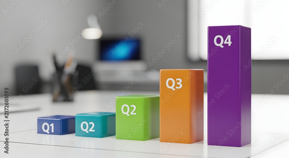 Fototapeta premium Colorful Business Growth Chart Representing Quarterly Performance Analysis and Future Trends in a Modern Office Workspace