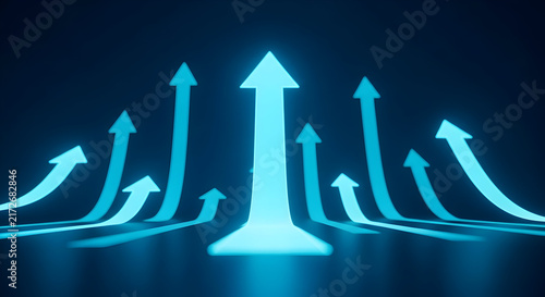 Dynamic Blue Arrows Pointing Upward in an Abstract Visualization Representing Growth and Progress in a Futuristic Digital Environment