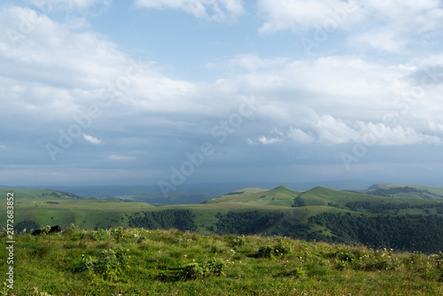 Bild auf Leinwand Green rolling hills and mountains under cloudy sky