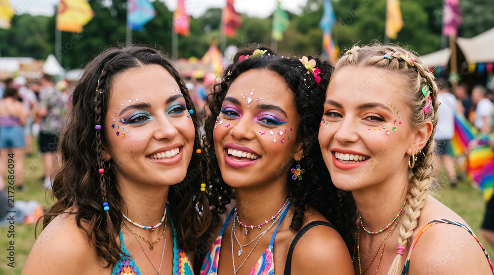 Fototapeta premium Young Woman with Colorful Gemstone Face Decorations at Music Festival