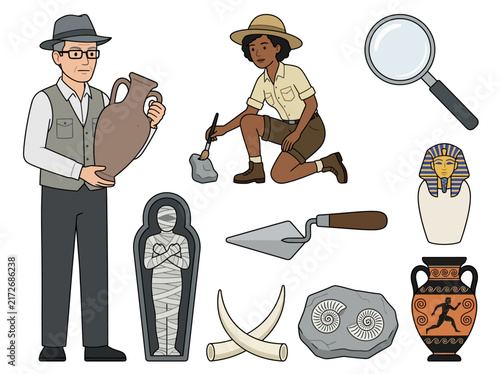 Obraz na plátně Archaeology and Paleontology Cartoon Icon Set with Researchers and Ancient Artif