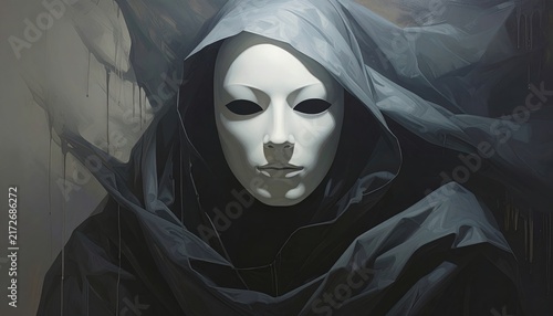 A mysterious figure in a dark hooded cloak wears a smooth, expressionless white mask, set against a shadowy, abstract background.