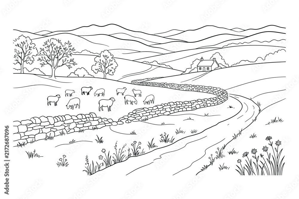 Obraz premium Herd of sheep grazing on green meadow pasture near stone wall country road