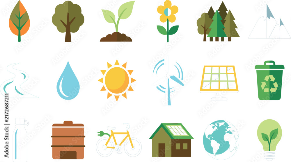 Fototapeta premium Environmental Sustainability and Green Energy Flat Vector Icon Set