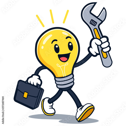 Premium vector cartoon lightbulb character holding a wrench and briefcase. Ideal SEO icon for creative ideas, repair services, handyman, maintenance, and solution concepts. 