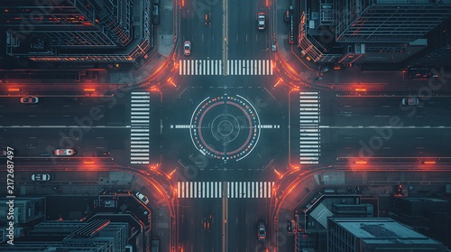 Aerial view of a futuristic city intersection with neon lights and a roundabout