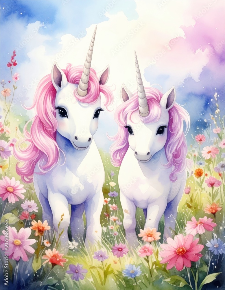 Fototapeta premium Two white unicorns with pink manes stand among colorful flowers under a pastel sky, creating a whimsical and magical scene.