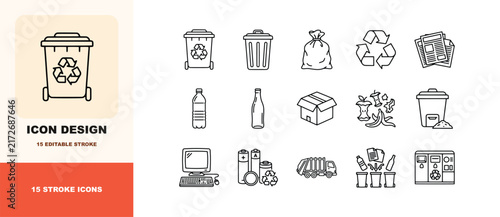 Garbage disposal and waste sorting line icons set featuring various trash bins and recyclable materials.