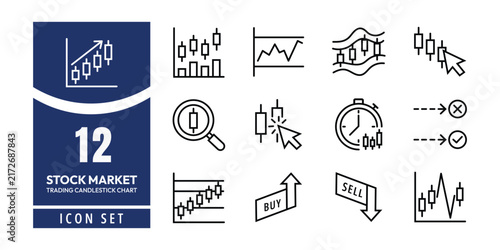 Stock market trading candlestick chart line icon set for financial analytics vector concept