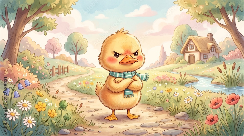Obraz premium Cute Angry Duck Cartoon Character in Garden