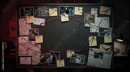Crime evidence board with photos, notes, and red string connections in dark investigation room