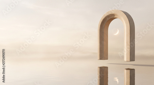 Floating Stone Arch and Crescent Moon Minimalist Surreal Background
