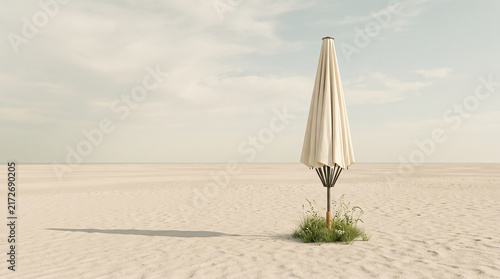 Oversized Umbrella Growing Grass in Surreal Minimal Landscape