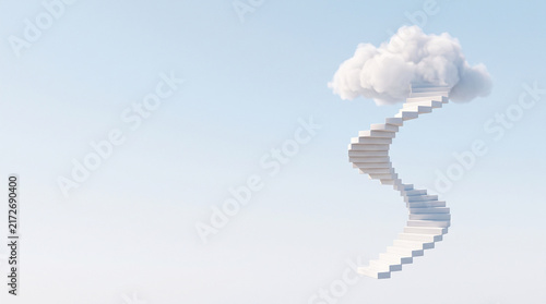 Floating White Staircase Leading Toward a Cloud Surreal Background