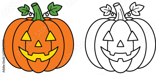 Halloween Jack-o-Lantern Pumpkin Vector Clipart, Carved Spooky Pumpkin with Colored and Line Art Coloring Page Versions for Kids
