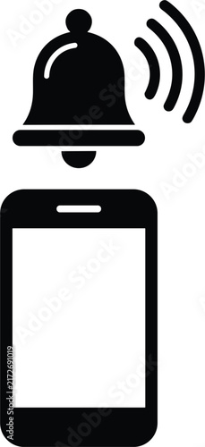 Foto Mobile phone display ringing alert symbol featuring flat black smartphone outlin