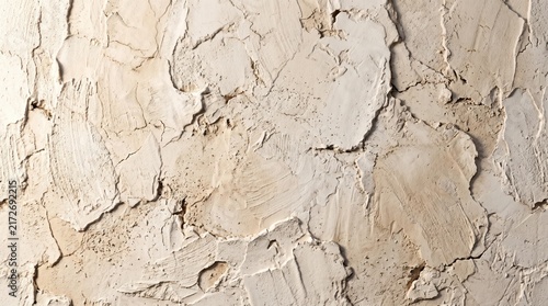 Close-up of a rough, textured plaster wall surface with uneven layers of beige and off-white stucco, showing trowel marks and deep cracks in a rustic, weathered architectural finish