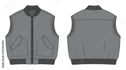 Professional Front and Back View of Gray Bomber Vest Gilet Men Sleeveless Jacket Technical Fashion Sketch Template