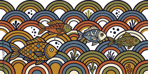 Fish Swimming Through Wave Patterns, Stylized Illustration, Ocean Life Design Featuring Waves, Aquatic