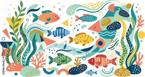 Fish Weaving Through Sea Grass, Vibrant Underwater Illustration. Marine Life Design, Colorful Aquatic Ecosystem Concept.
