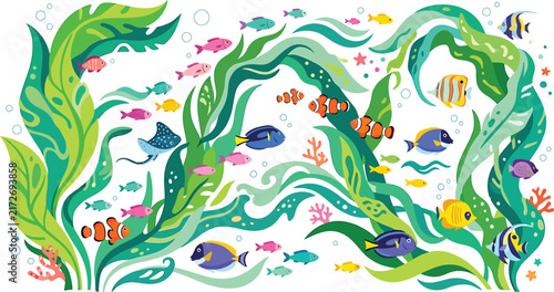 Fish Weaving Through Seaweed Leaves, Vibrant Underwater Illustration, Marine Life Design, Colorful Vector Graphic