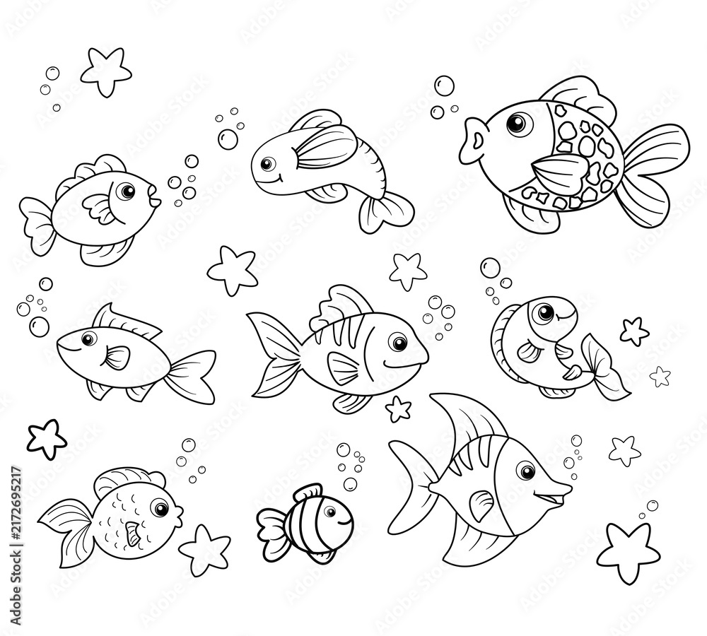 Fototapeta premium Cute underwater coloring page for kids with various cartoon fish and sea stars, black and white vector illustration.