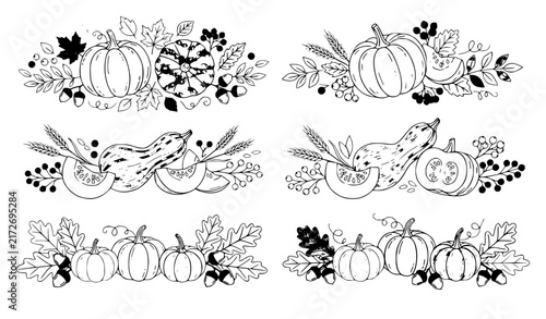 Autumn Harvest Pumpkin and Foliage Hand Drawn Flat Vector Collection