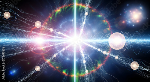 Vibrant Cosmic Energy Burst with Colorful Light Particles and Ethereal Visuals in an Abstract Space Setting