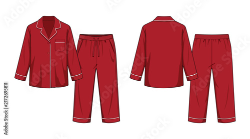 Classic Red Silk Cotton Pajamas Long Sleeve Shirt and Pants Sleepwear Set Technical Drawing Flat Sketch Template