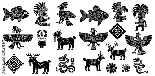 Collection of ancient aztec style animal symbols and tribal pattern icons for historic cultural projects